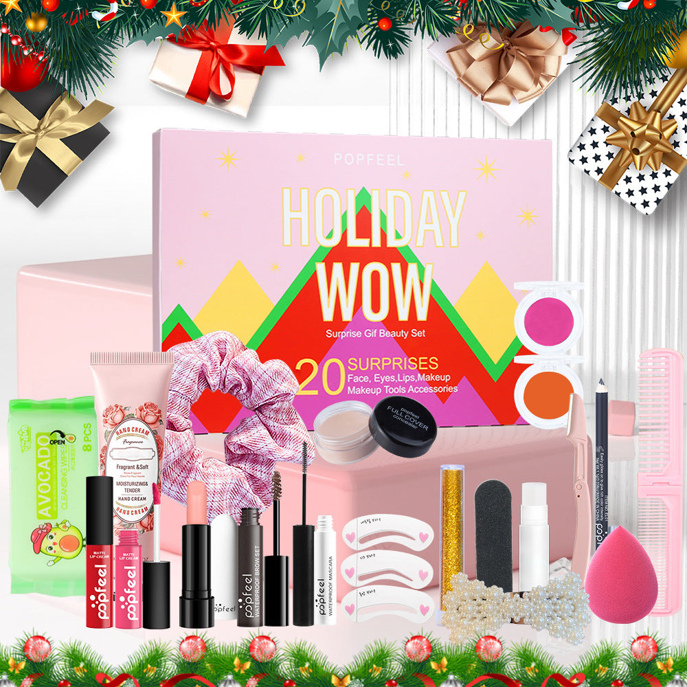 Holiday gift set with makeup and beauty items on a festive background