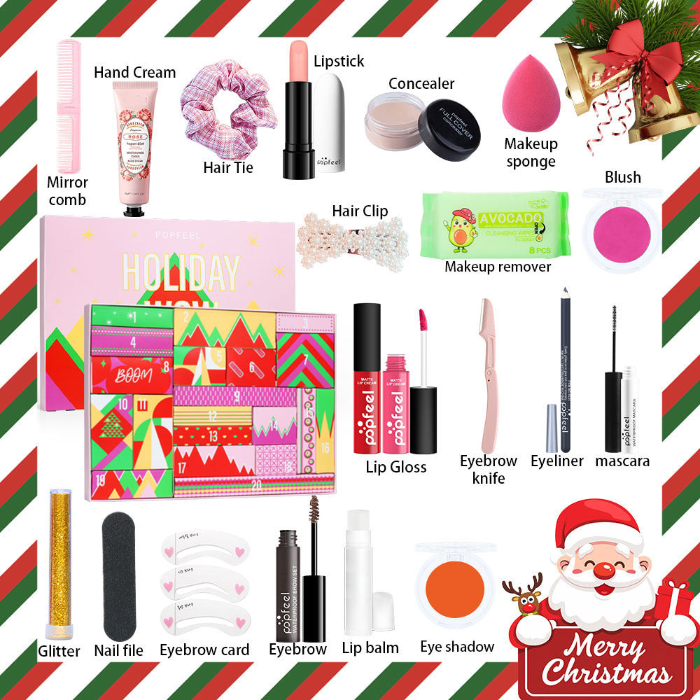 Collection of holiday makeup and beauty products with a festive design.