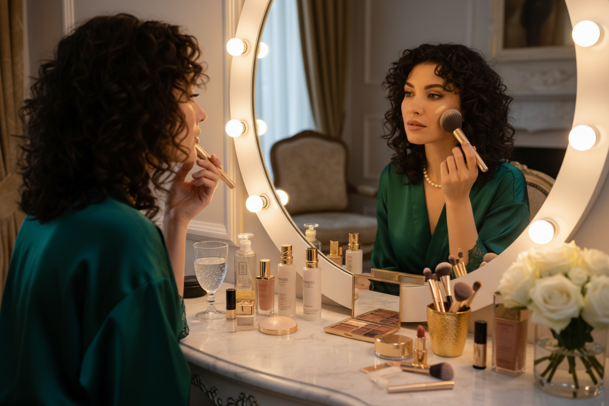 a women putting on makeup to go out 