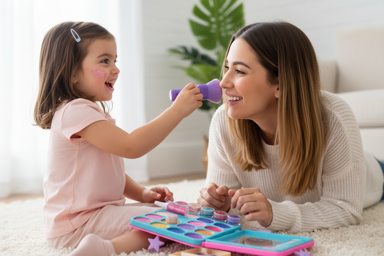 i need a women and child using a childs makeup kit 